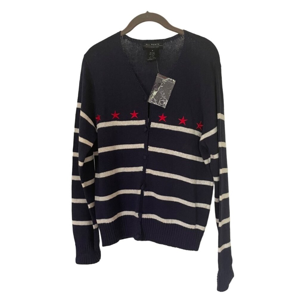NWT All Points Knit Cardigan Sweater Patriotic Navy Blue Striped Red Stars Med